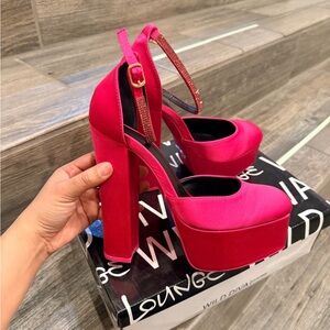 Hot Pink Satin Platform Heels